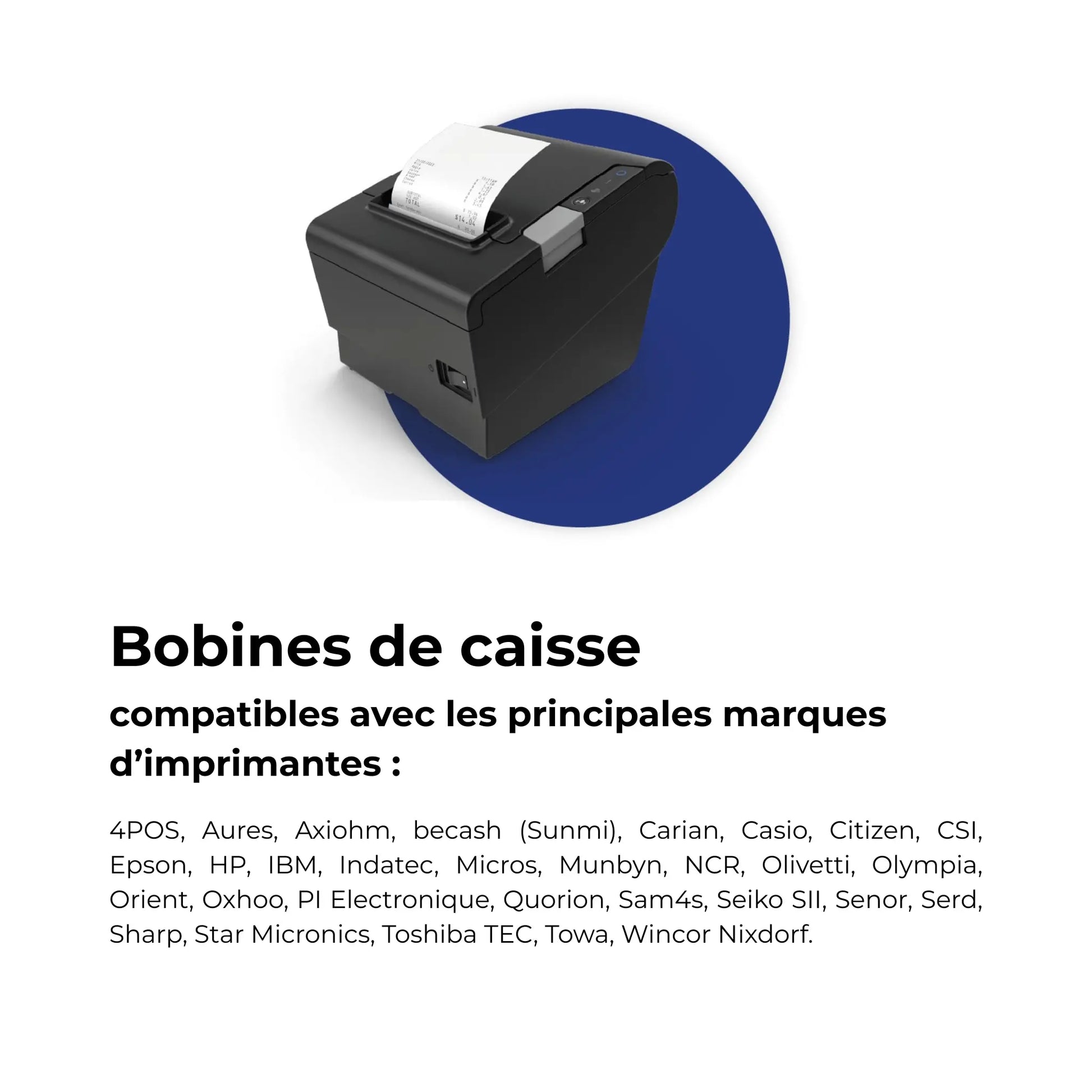 Image illustrant des bobines caisse 80x80x12 compatibles avec les principales imprimantes de caisse et terminaux de paiement, Made in France