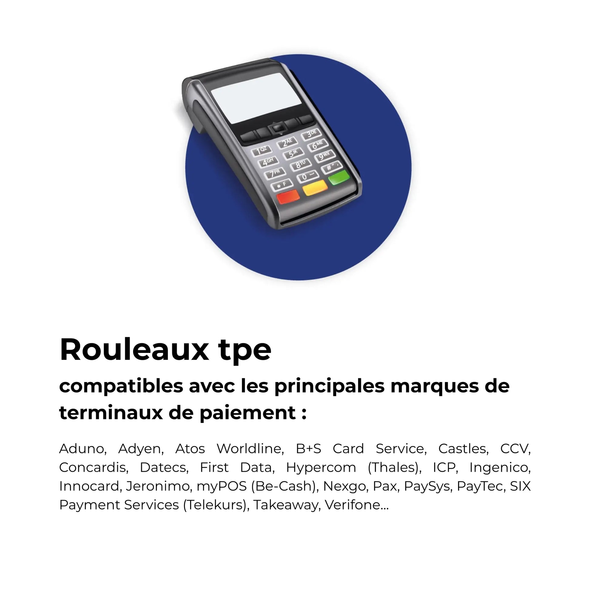 Image illustrant des rouleaux TPE 57x40x12 compatibles avec les principaux terminaux de paiement, Made in France