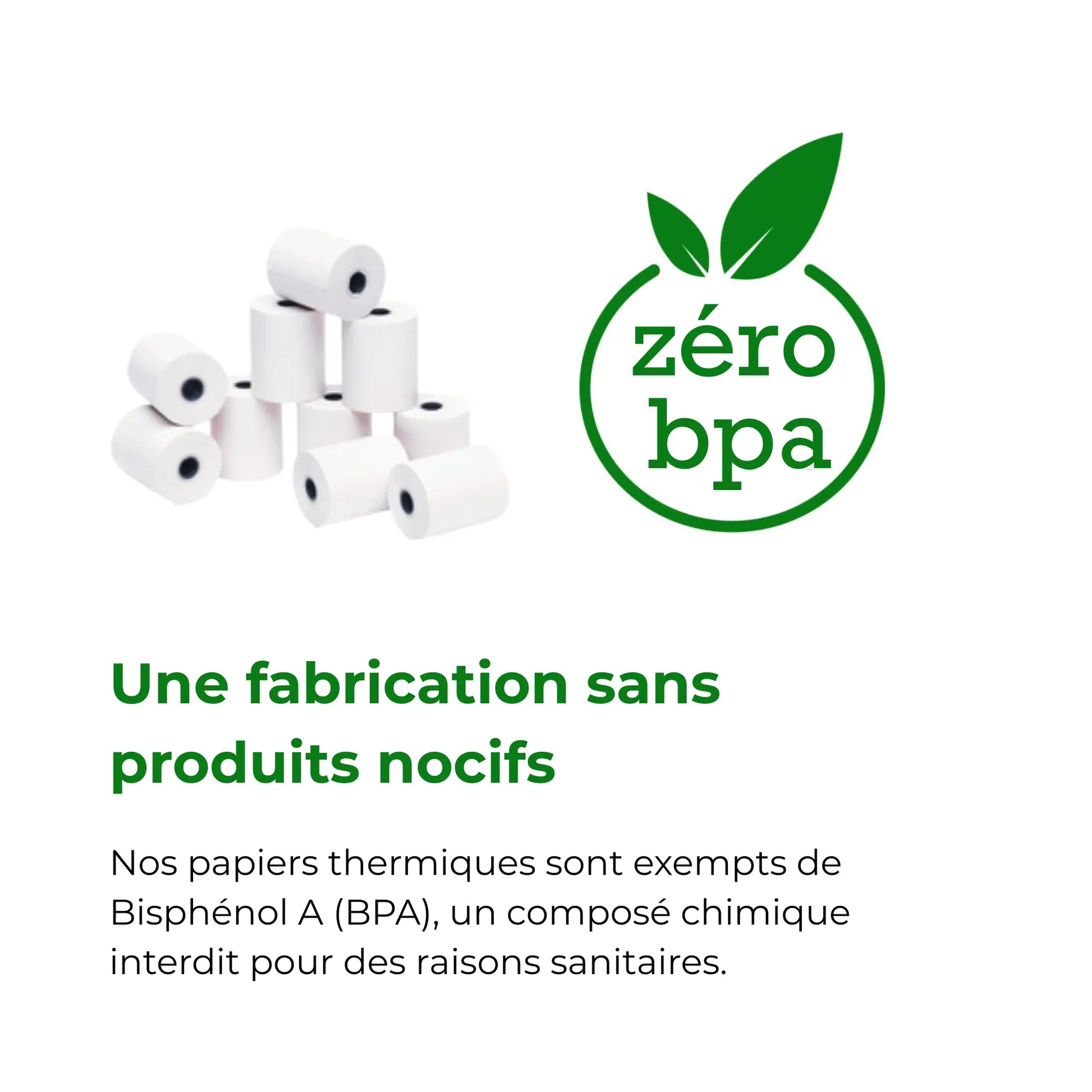 Zoom sur rouleau thermique sans Bisphénol A, sans BPA, avec pictogramme, Made in France