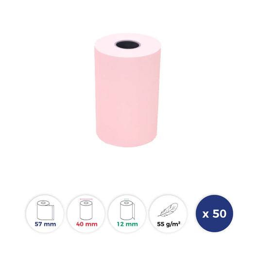 La Bobine Francaise - 50 Rouleaux Thermiques de Couleur ROSE - 57x40x12 - Papier Premium 55 g/m - sans BPA. Id produit: 15107. Reference: LBF-COULEUR-57-40-12-ROSE-PREM55-Q50-15107. GTIN: 3701747200407