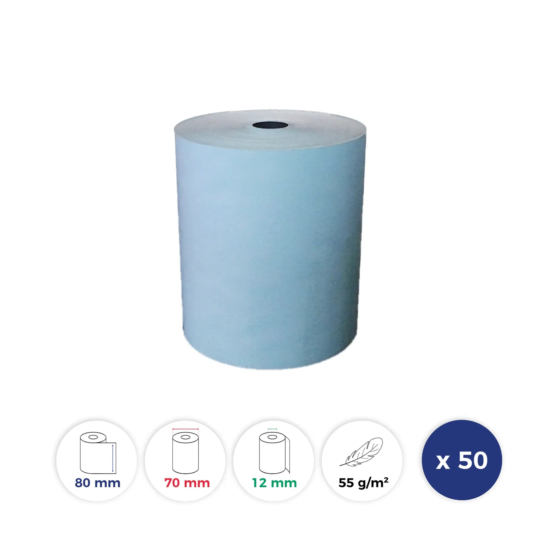 La Bobine Francaise - 50 Rouleaux Thermiques de Couleur BLEU - 80x70x12 - Papier Premium 55 g/m - sans BPA. Id produit: 15115. Reference: LBF-COULEUR-80-70-12-BLEU-PREM55-Q50-15115. GTIN: 3701747200469