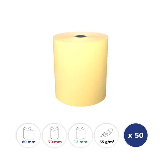 La Bobine Francaise - 50 Rouleaux Thermiques de Couleur JAUNE - 80x70x12 - Papier Premium 55 g/m - sans BPA. Id produit: 15116. Reference: LBF-COULEUR-80-70-12-JAUNE-PREM55-Q50-15116. GTIN: 3701747200476