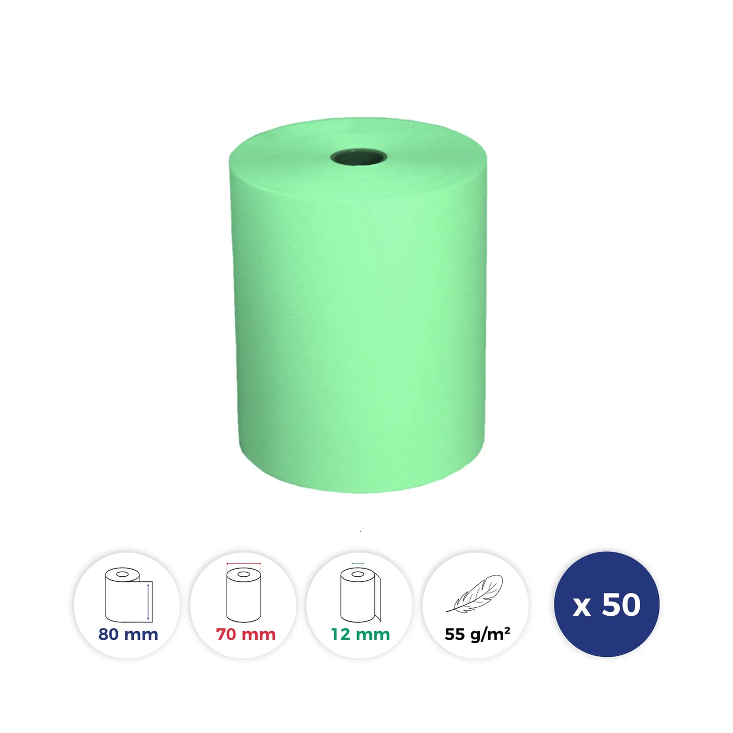 La Bobine Francaise - 50 Rouleaux Thermiques de Couleur VERT - 80x70x12 - Papier Premium 55 g/m - sans BPA. Id produit: 15118. Reference: LBF-COULEUR-80-70-12-VERT-PREM55-Q50-15118. GTIN: 3701747200490