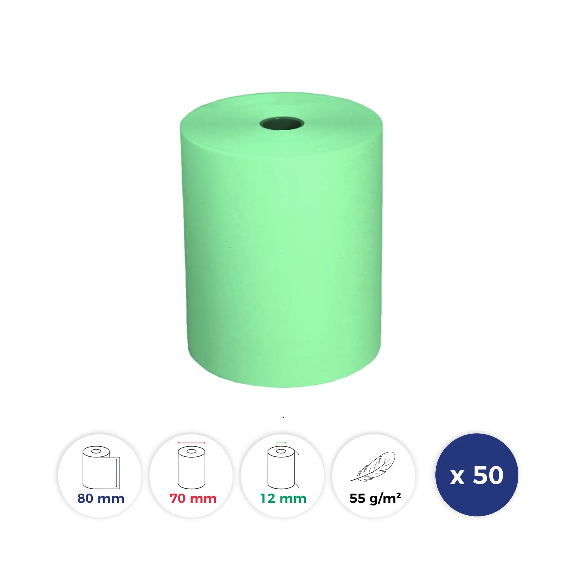 La Bobine Francaise - 50 Rouleaux Thermiques de Couleur VERT - 80x70x12 - Papier Premium 55 g/m - sans BPA. Id produit: 15118. Reference: LBF-COULEUR-80-70-12-VERT-PREM55-Q50-15118. GTIN: 3701747200490