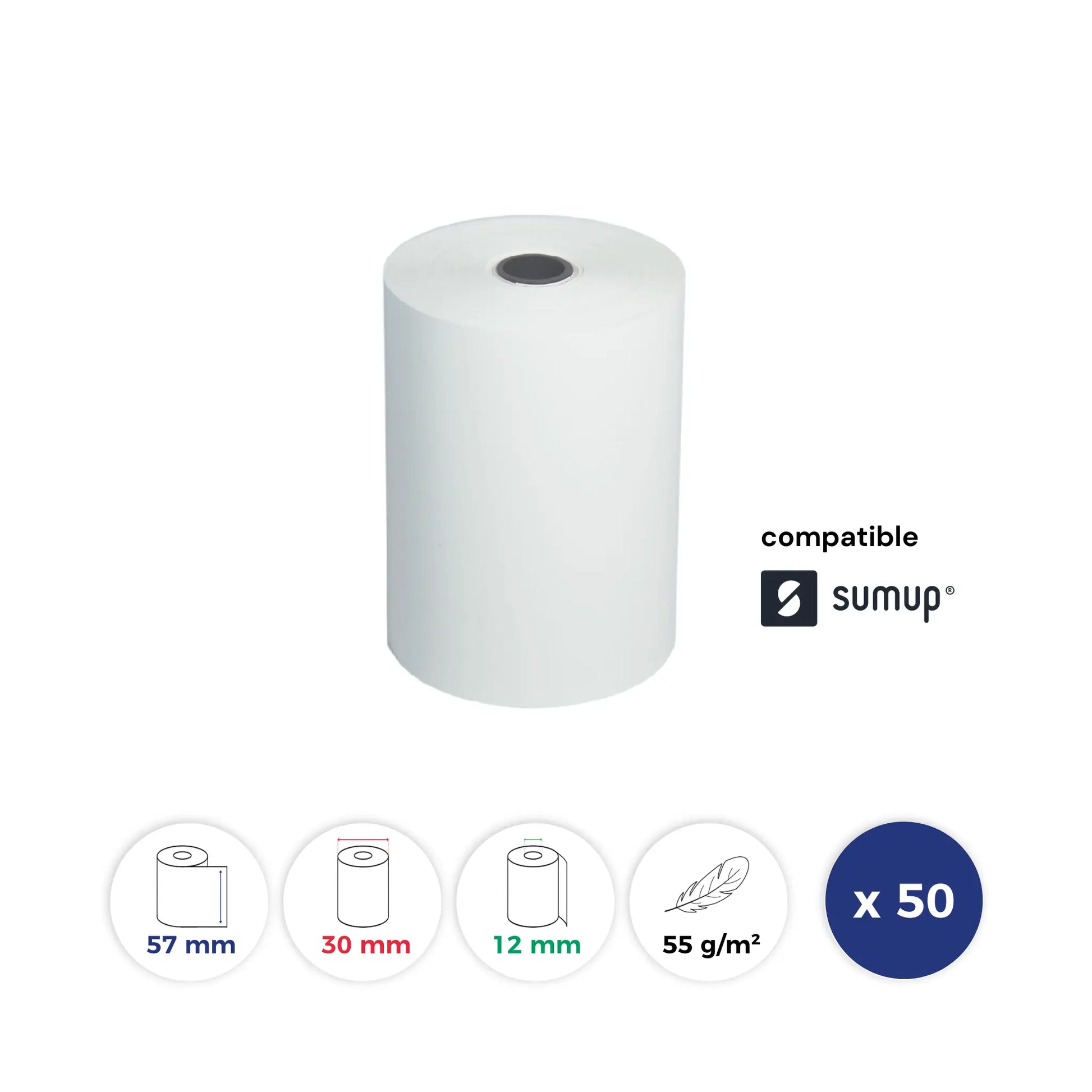 La Bobine Francaise - 50 Rouleaux Thermique pour Sumup 57x30x12 - Papier Premium 55 g/m - Impression des logos TRIMAN + Made in France + FSC C084754 au verso - sans BPA. Id produit: 15147. Reference: LBF-SUMUP-57-30-12-PREM55-Q50-15147. GTIN: 3701747200209