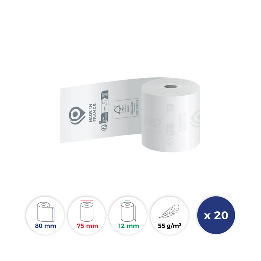 La Bobine Francaise - 20 ROULEAUX - BOBINE THERMIQUE CAISSE 80x80x12 mm - Papier Eco 48 g/m - Impression TRIMAN + Made in France + FSC C084754 au verso - sans BPA. Id produit: 17829. Reference: LBF-CAIS-80-80-12-ECO48-Q20-17829. GTIN: 3701747200186