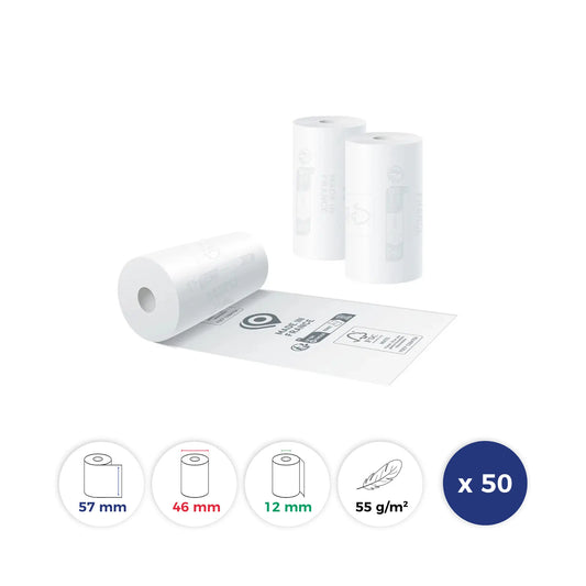 La Bobine Francaise - 50 Rouleaux Thermiques pour BALANCE DE PESAGE - 57x46x12 - Papier Premium 55 g/m - Impression des logos TRIMAN + Made in France + FSC C084754 au verso - sans BPA. Id produit: 19009. Reference: LBF-BALANCE-57-46-12-PREM55-Q50-19009. GTIN: 3701747200285