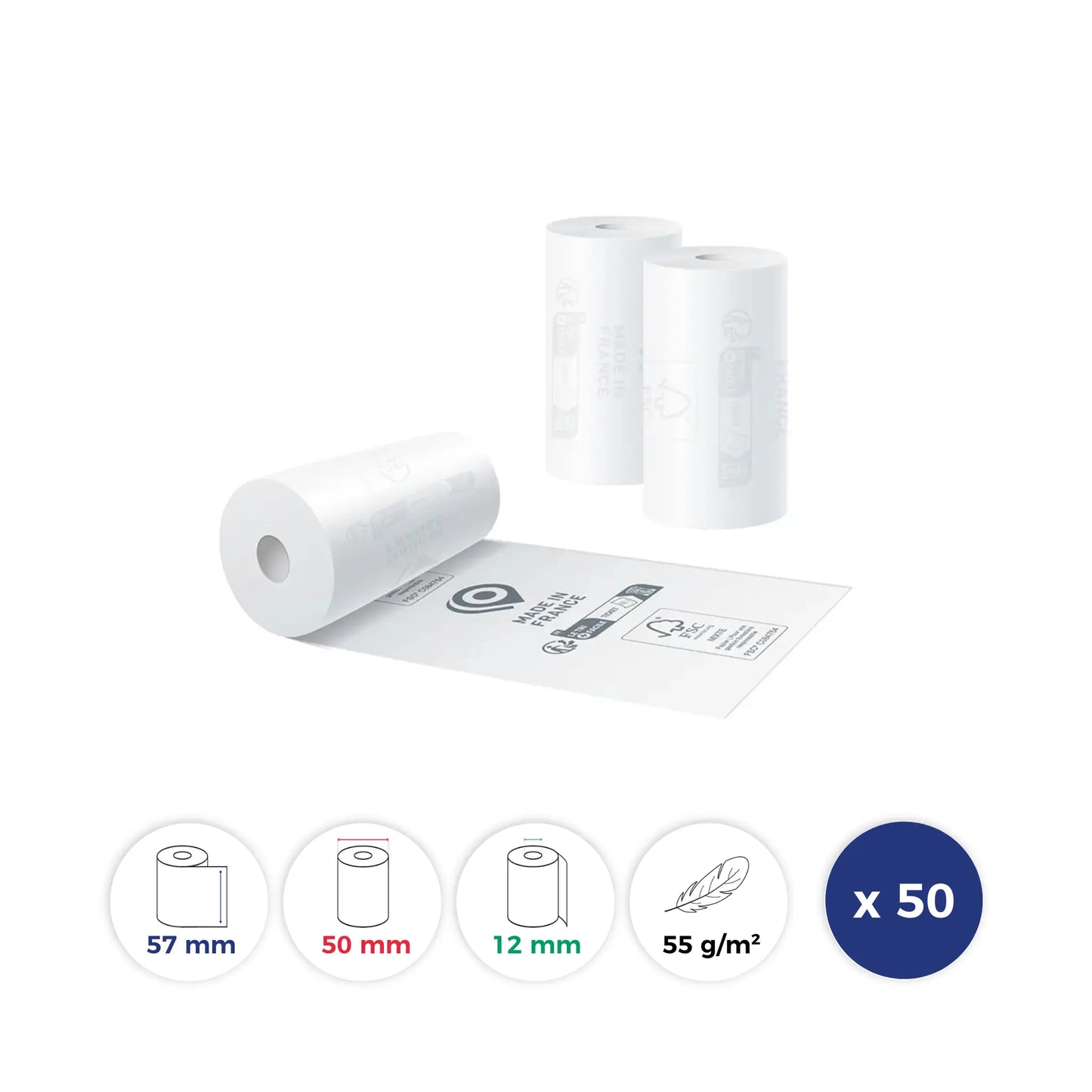 La Bobine Francaise - 50 Rouleaux Thermiques pour BALANCE DE PESAGE - 57x50x12 - Papier Premium 55 g/m - Impression des logos TRIMAN + Made in France + FSC C084754 au verso - sans BPA. Id produit: 19037. Reference: LBF-BALANCE-57-50-12-PREM55-Q50-19037. GTIN: 3701747200315