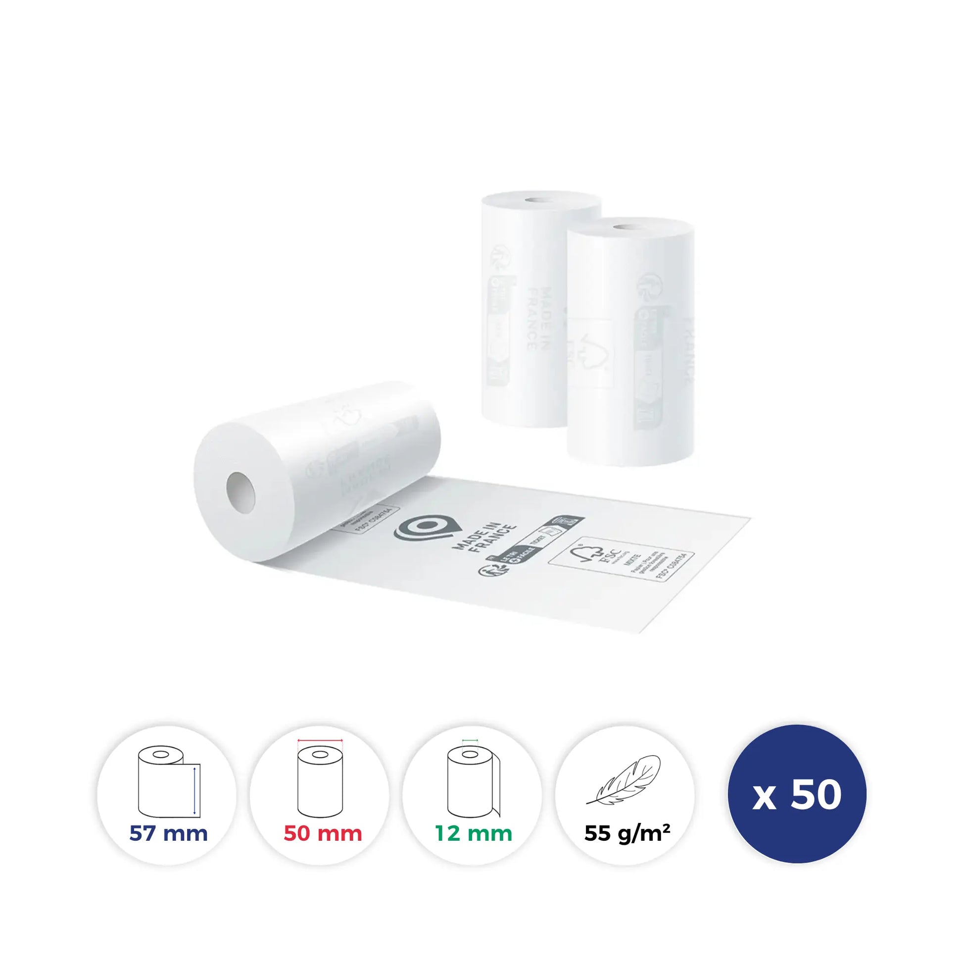 La Bobine Francaise - 50 Rouleaux Thermiques pour BALANCE DE PESAGE - 57x50x12 - Papier Premium 55 g/m - Impression des logos TRIMAN + Made in France + FSC C084754 au verso - sans BPA. Id produit: 19037. Reference: LBF-BALANCE-57-50-12-PREM55-Q50-19037. GTIN: 3701747200315