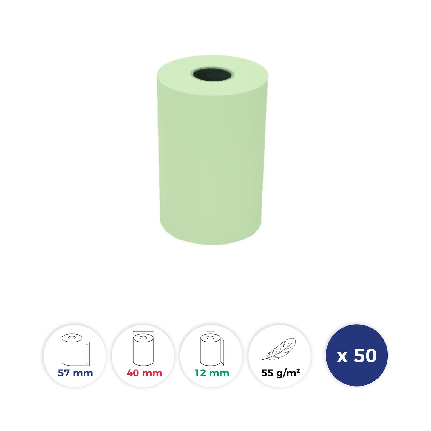 La Bobine Francaise - 50 Rouleaux Thermiques de Couleur VERT - 80x70x12 - Papier Premium 55 g/m - sans BPA. Id produit: 15118. Reference: LBF-COULEUR-80-70-12-VERT-PREM55-Q50-15118. GTIN: 3701747200490