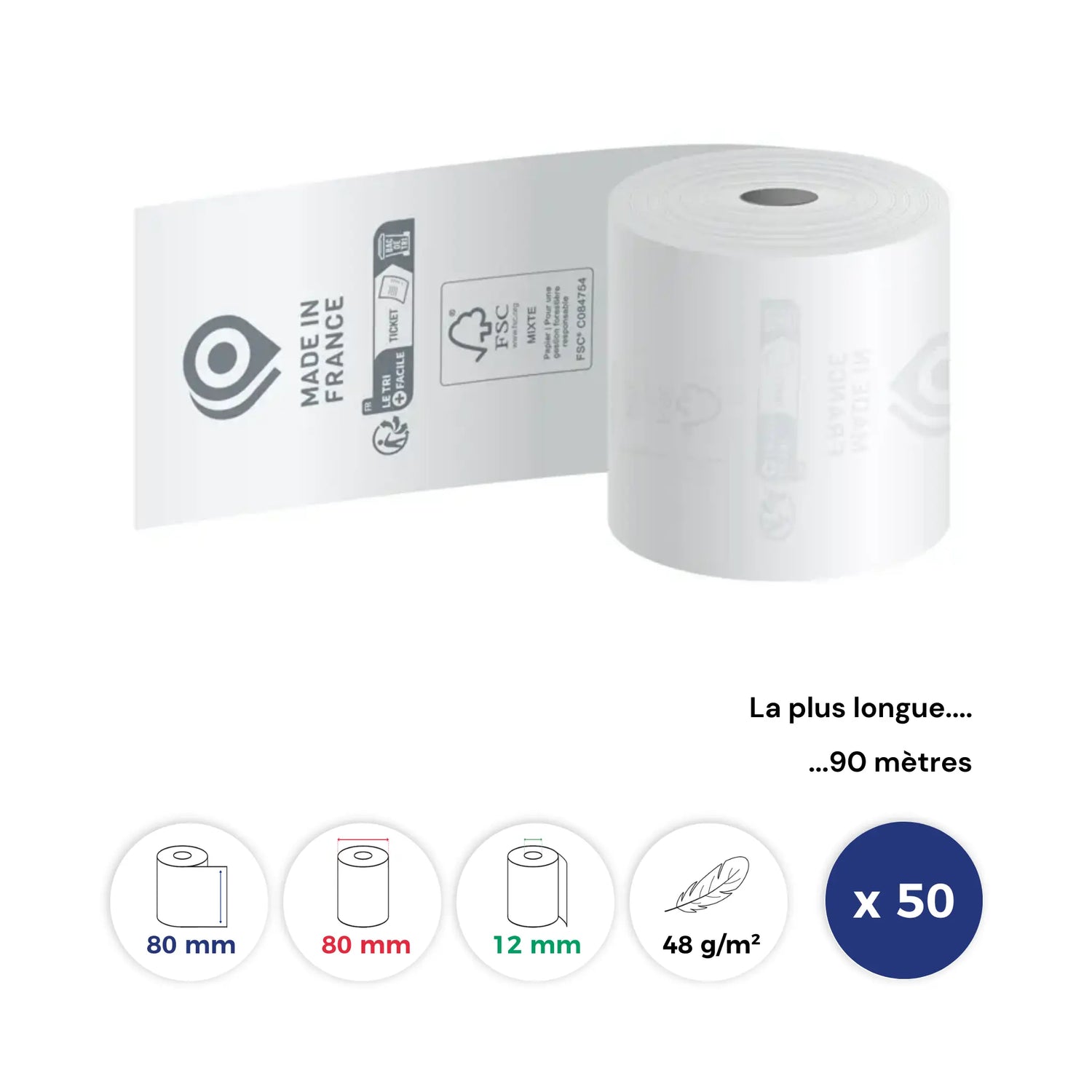 La Bobine Francaise - 50 ROULEAUX - BOBINE THERMIQUE CAISSE 80x80x12 mm - Papier Eco+ 48 g/m - 90 Metres - Impression TRIMAN + Made in France + FSC C084754 au verso - sans BPA. Id produit: 15390. Reference: LBF-CAIS-80-80-12-ECO+48-90M-Q50-15390. GTIN: 3701747200193