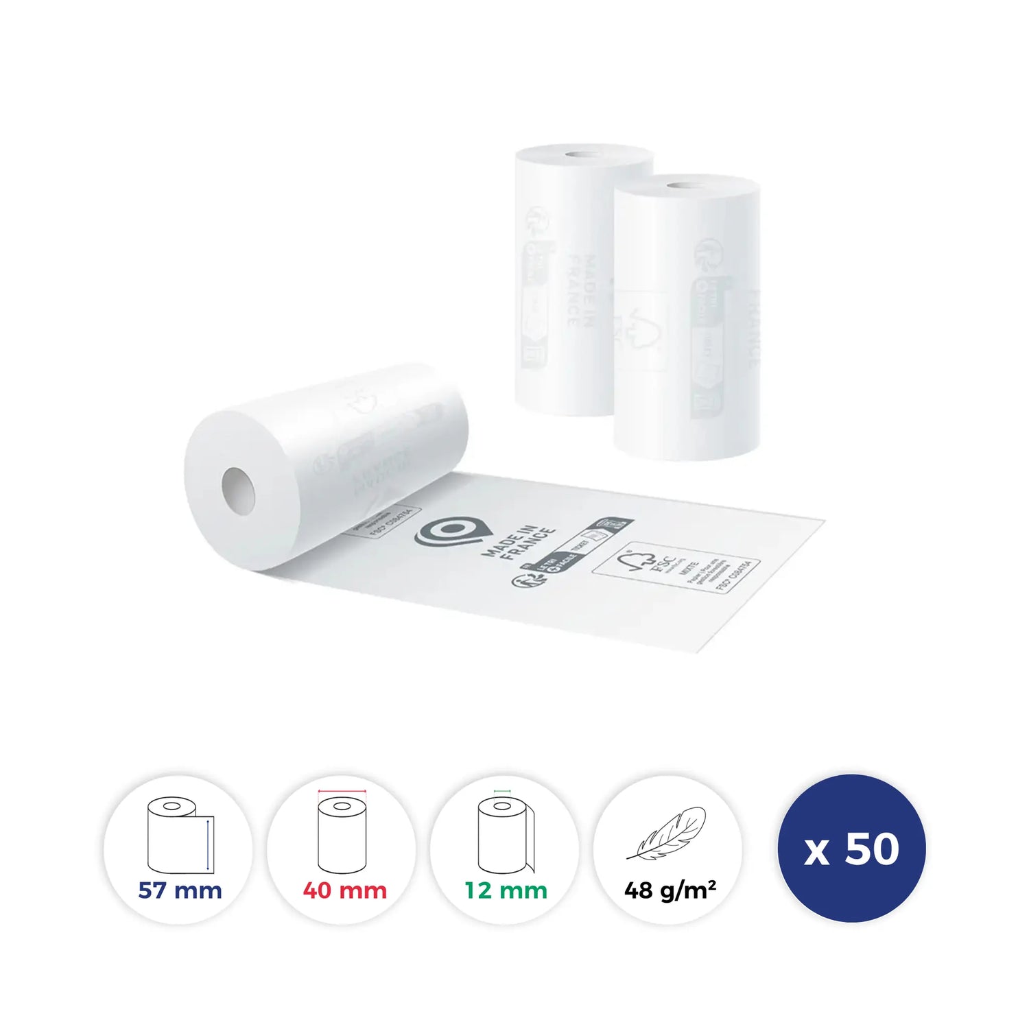 La Bobine Française - 50 rouleaux rouleaux thermiques pour TPE/CB - 57x40x12 - Papier 48 g/m² - ÉCO - Impression des logos TRIMAN + Made in France + FSC C084754 au verso - sans BPA. Id produit: 18710. Référence: LBF-TPE-CB-57-40-12-ECO48-Q50-18710. GTIN: 3701747200070